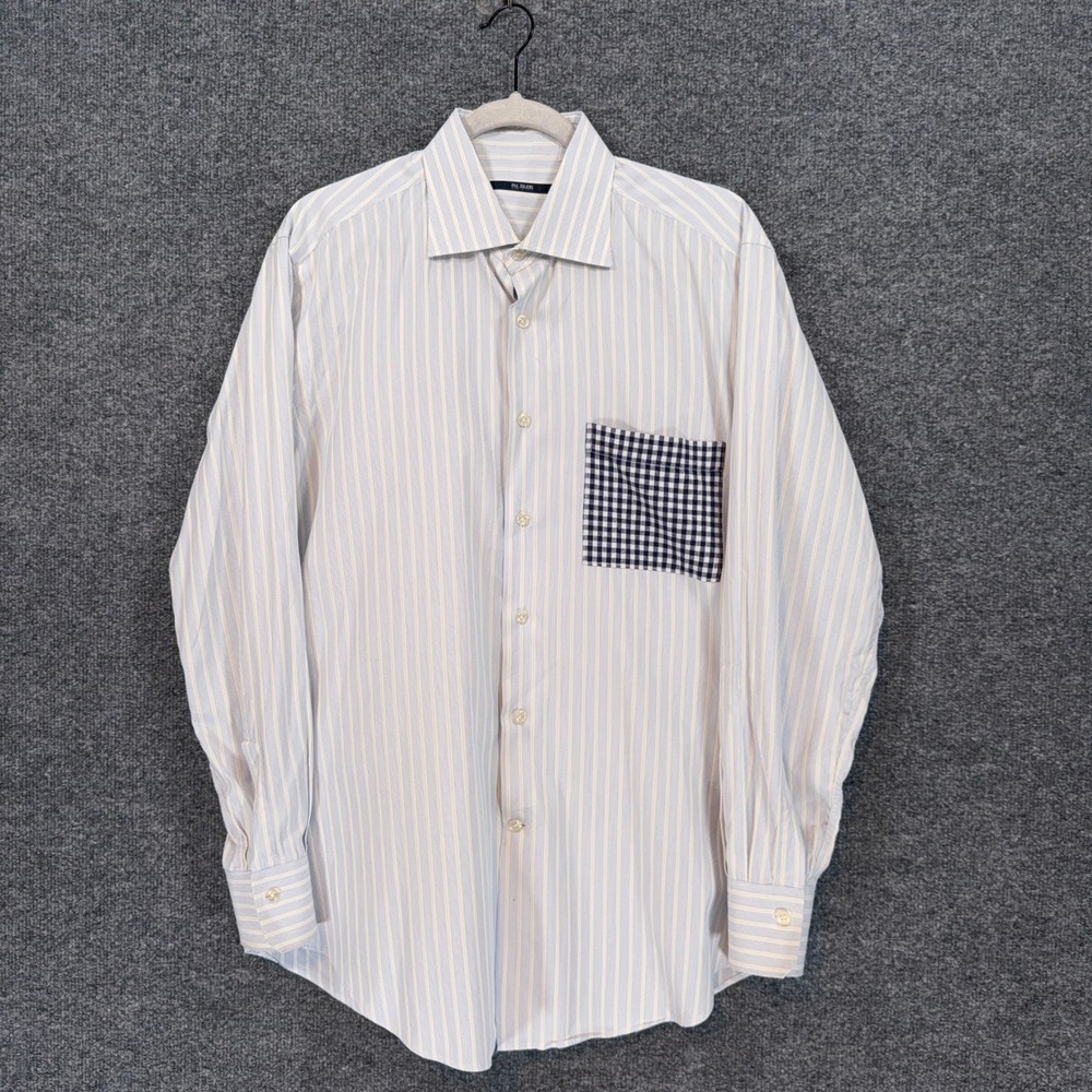 Pal Zileri Button Up Shirt Mens 16 Blue Striped Contrast Gingham Pocket Patch